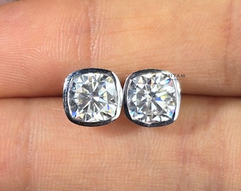 4 TCW Cushion Cut Moissanite Women's Earrings, Bezel Set Solitaire Diamond Stud Earrings