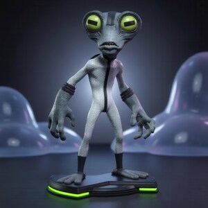 Könnte beinhalten: Eine graue Alien-Figur mit großem Kopf, markanten grünen Augen und strukturiertem Körper. Die Figur trägt einen weißen Anzug mit einem schwarzen vertikalen Streifen in der Mitte, schwarzen Armbändern und schwarzen Stiefeln auf einem Sockel.