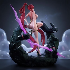May include: A collectible anime-style figurine featuring a character with long red hair in a high ponytail, wearing a gold-accented bodysuit and black high heels. The figure stands on a dark, rocky base with purple energy effects and a black creature.