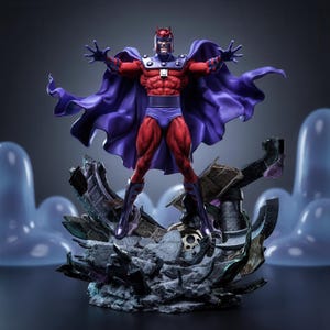 May include: A collectible figurine of a character wearing a red and purple suit with a matching helmet and a flowing purple cape. The figure stands with arms outstretched atop a base of gray rubble and debris, featuring a muscular physique.