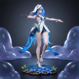 May include: A collectible anime-style figurine of a character with long blue hair, wearing a white and blue outfit with a hood, standing on a base decorated with blue flowers and green leaves, surrounded by translucent purple bubble shapes.