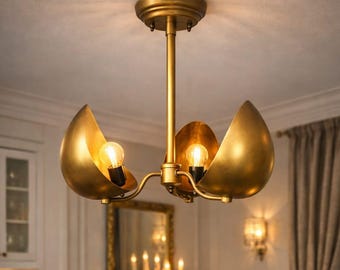 Lámpara de araña de latón hecha a mano con doble pantalla, lámpara colgante de estilo moderno de mediados de siglo, lámpara de techo con acabado antiguo.