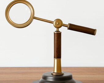 Lupa de sobremesa vintage de latón con soporte de madera y cuero, ideal como decoración de escritorio de biblioteca.