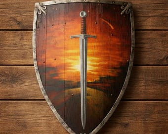 Decoración de pared con escudo de caballero medieval y motivo de espada, armadura rústica de madera para colgar, arte fantástico.