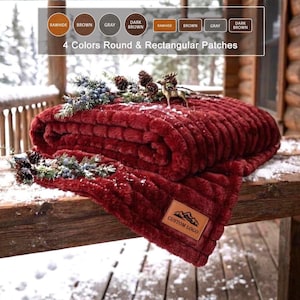 May include: A deep red textured throw blanket featuring a rectangular patch with the text CUSTOM LOGO. The blanket is adorned with pinecones and greenery. A graphic overlay displays 4 Colors Round & Rectangular Patches.