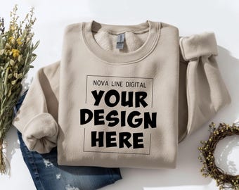 Gildan 18000 Sand Sweatshirt Mockup, Sand Beige Crewneck Flat Lay Mock-up, Folded Tan Flat Lay Crewneck Mock Up