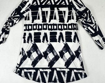 Peck & Peck Womens Small Black White Geometric Abstract Long Sleeve Blouse Top