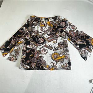 New Directions Womens Small Paisley Bell Sleeve Split Neck Blouse Yellow Black