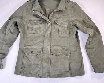 Kensie Jeans Womens Olive Green Utility Military Jacket Stretch Cotton Large
