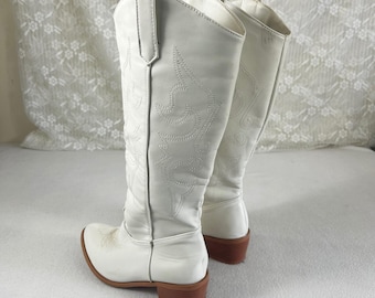 White Western Cowboy Knee High Boots Pointed Toe Embroidered Block Heel Womens