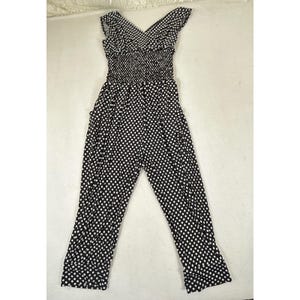 Black White Polka Dot Smocked Waist Sleeveless Capri Jumpsuit Medium Large