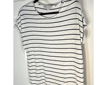 Green Envelope T-Shirt Women Small White Striped Nautical Casual Basic Top