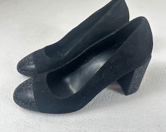 White House Black Market Black Suede Rhinestone Cap Toe Block Heel Pumps 7.5M