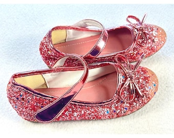 Jiaduowang Girls Pink Glitter Mary Jane Flats Bow Dress Shoes Size 28 US 11