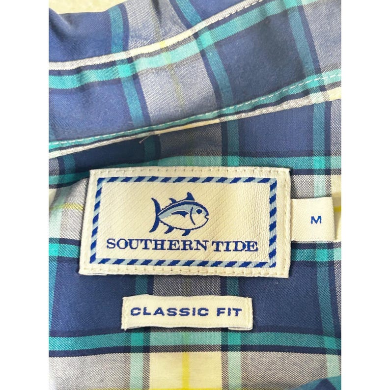 Southern Tide Mens Classic Fit Plaid Button Down Shirt Blue Teal Yellow Size M image 2