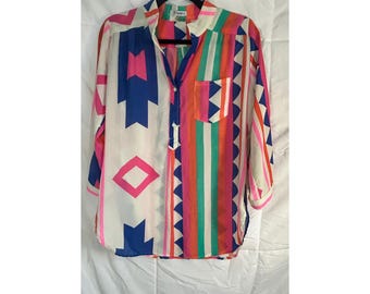 XTAREN Women's Geometric Print Button Up Shirt Tunic Size M