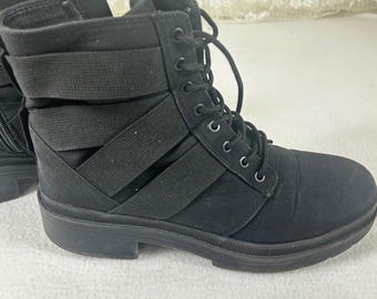 Womens Black Canvas Combat Boots Lace Up Side Zip Elastic Straps Lug Sole Size 9