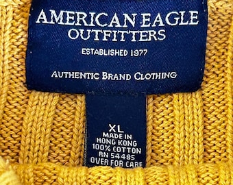 American Eagle Mens XL Mustard Yellow Navy Blue Stripe Ribbed Turtleneck Sweater