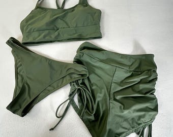 Women's Olive Green Bikini Set Sports Bra High Waist Ruched Swimsuit Size S