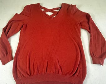 Love Ellie Womens Rust Orange Lattice Back V-Neck Knit Sweater Large 01943