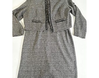 Danny & Nicole Womens Grey Black Tweed Dress Suit Set Jacket Leopard Trim Sz 16