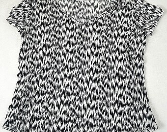 Gap T-Shirt Women Medium Black White Linen Ikat V-Neck Short Sleeve Casual Chic