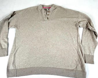 Isaac Mizrahi Live! Womens Oatmeal Heather Henley Sweater A465639 Beige Large