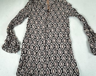 Cotton Candy Bell Sleeve Geometric Print Lace Trim Tunic Top Dress Women's M