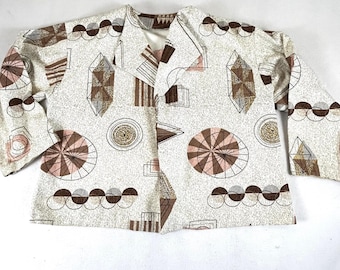 Vintage Mid Century Modern Geometric Abstract Print Open Front Jacket Brown Tan