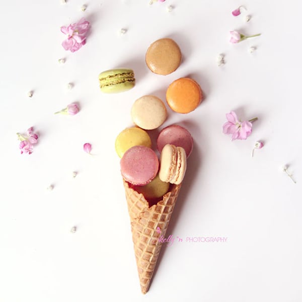 Impression d’Art lunatique macaron photographie-nourriture photographie, Macaron glace cône Photo de nature morte, crème Orange framboise, de cuisine,