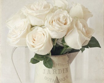 White Roses Photography-Rose and Pitcher Print, French Cottage Decor, Beige White Cream Neutral Art, Floral Still Life, Roses Photo
