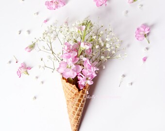 Flower Still Life Photo- Floral Ice Cream Cone Print, Pink Stock Flowers in Cone, Nursery Decor, Pink White Floral Art, Floral Wall Art