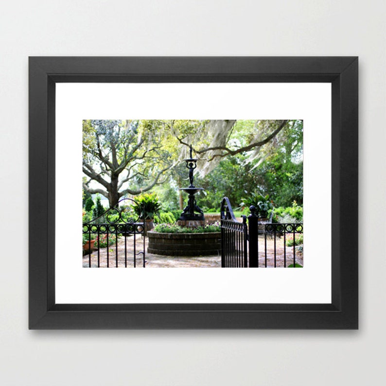Garden Photography- Beaufort SC Oak Trees Spanish Moss Southern Garden Print Green Black Garden Art Garden Gate Fountain Photo