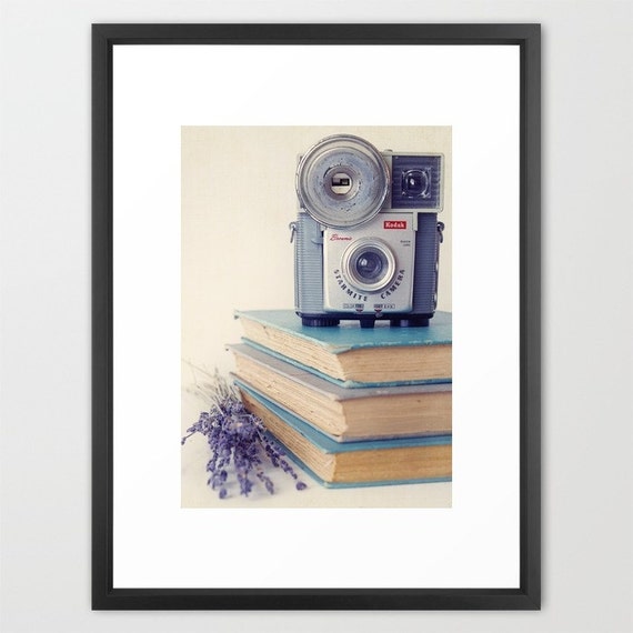 Vintage Camera and Books Photograph- Blue Grey Lavender, Cottage
