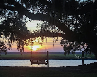 Sonnenuntergang Fotografie-Low Land Art, South Carolina, am Fluss Druck, friedliche Foto Baum schwingen Druck, Live Oak Spanisch Moos, Beaufort SC