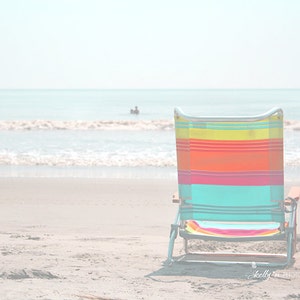 Beach Photography- Colorful Striped Beach Chair Photo, Ocean Photography, Coastal Art, Seashore Print, Light Blue Orange Beach Cottage Art