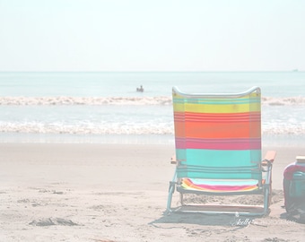 Beach Photography- Colorful Striped Beach Chair Photo, Ocean Photography, Coastal Art, Seashore Print, Light Blue Orange Beach Cottage Art