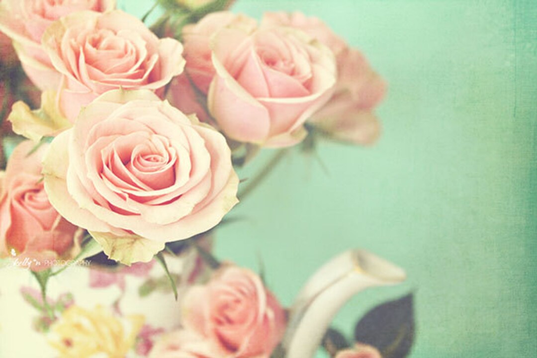 Flower Photography- Pink Roses and Teapot Photo, Shabby Chic Decor ...