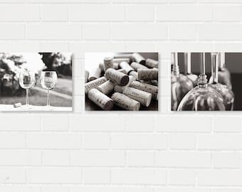 Wine Photography Three Print Set- Black and White Phtography, Wine Glasses and Corks Prints, Bar/Kitchen Decor, Save 15%, Wine Art Set