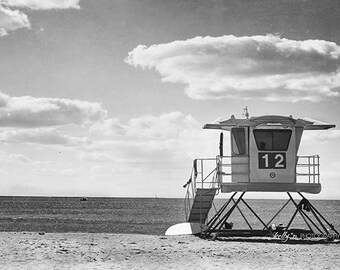 Black and White Beach Photography- Lifeguard Tower, Number 12, Doheny Beach CA Print, California Beach Print, Grey Beach Art, Coastal Decor