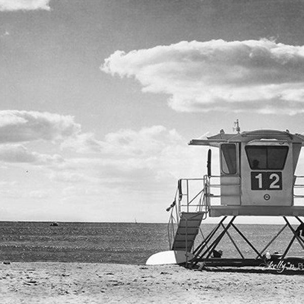 Black and White Beach Photography- Lifeguard Tower, Number 12, Doheny Beach CA Print, California Beach Print, Grey Beach Art, Coastal Decor