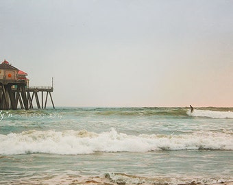 Beach Photography- Sunset Surf Photo, Coastal Art, Beach Decor, Blue Grey Green Art, California Surf Print, Huntington Beach Surf Print