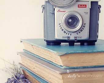 Vintage Camera and Books Photograph- Blue Grey Lavender, Cottage Chic Art, Still Life Photo, Retro Camera Photo, Art Room, Library Decor,