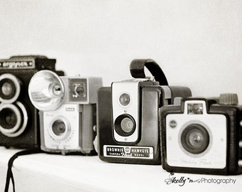 Camera Photograph- Black and White Camera Print, Vintage Cameras Photo, Still Life Photography, Office Decor, Black and White Wall Art