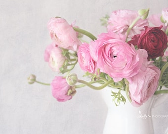 Ranunkeln Fotografie - rosa Blüten, rosa Blumenstrauß Druck, rosa Ranunkeln, Feminine Dekor, Blumen Wand Fotokunst, Stillleben Kunst