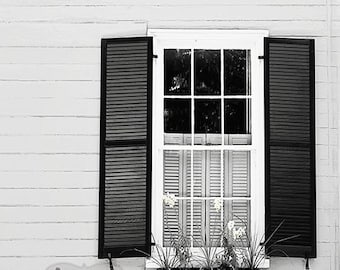 Window Photography- Charleston SC Window Print, Window Box Photo, Black and White Wall Decor, Window Flower Box Photo, Black and White Art