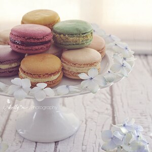 Floral Macaron Plate- Macaron Still Life Photography, Food Photography, Soft Color, Hydrangea Petals, Kitchen Decor, 8x10 Fine Art Print