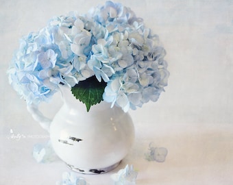 Hydrangea Photograph- Blue Hydrangea Print, Blue and White Art, Floral Still Life, Cottage Decor, Flower Photography, Floral Wall Art