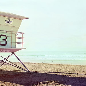 Beach Photography- Oceanside Lifeguard Stand Photo, Number 3 Tower, Ocean Photography, Cool Blue, Coastal Art, California Beach Wall Art,