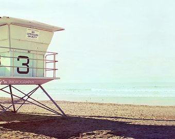 Beach Photography- Oceanside Lifeguard Stand Photo, Number 3 Tower, Ocean Photography, Cool Blue, Coastal Art, California Beach Wall Art,